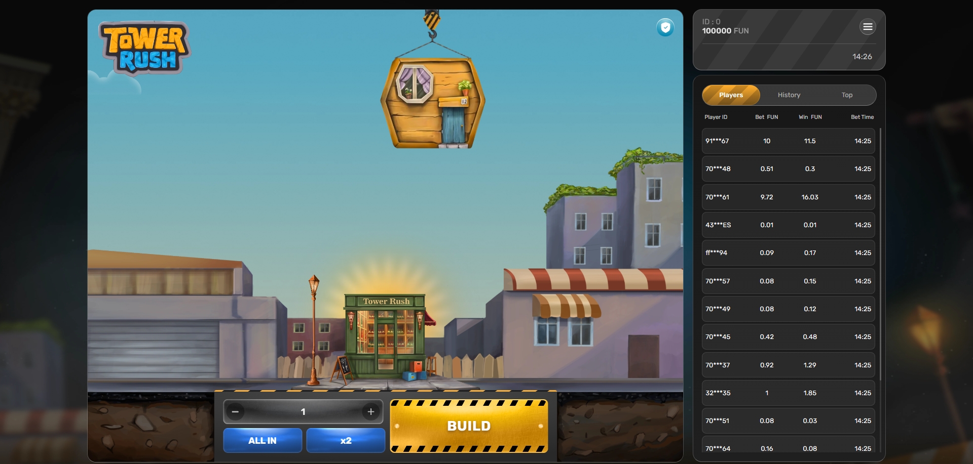 Tower Rush — vincita con moltiplicatore x3 e tabella dei risultati recenti