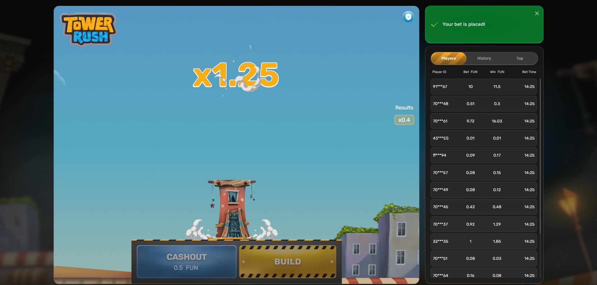 Tower Rush — moltiplicatore x1.25 in corso di scalata con scelta CASHOUT o BUILD